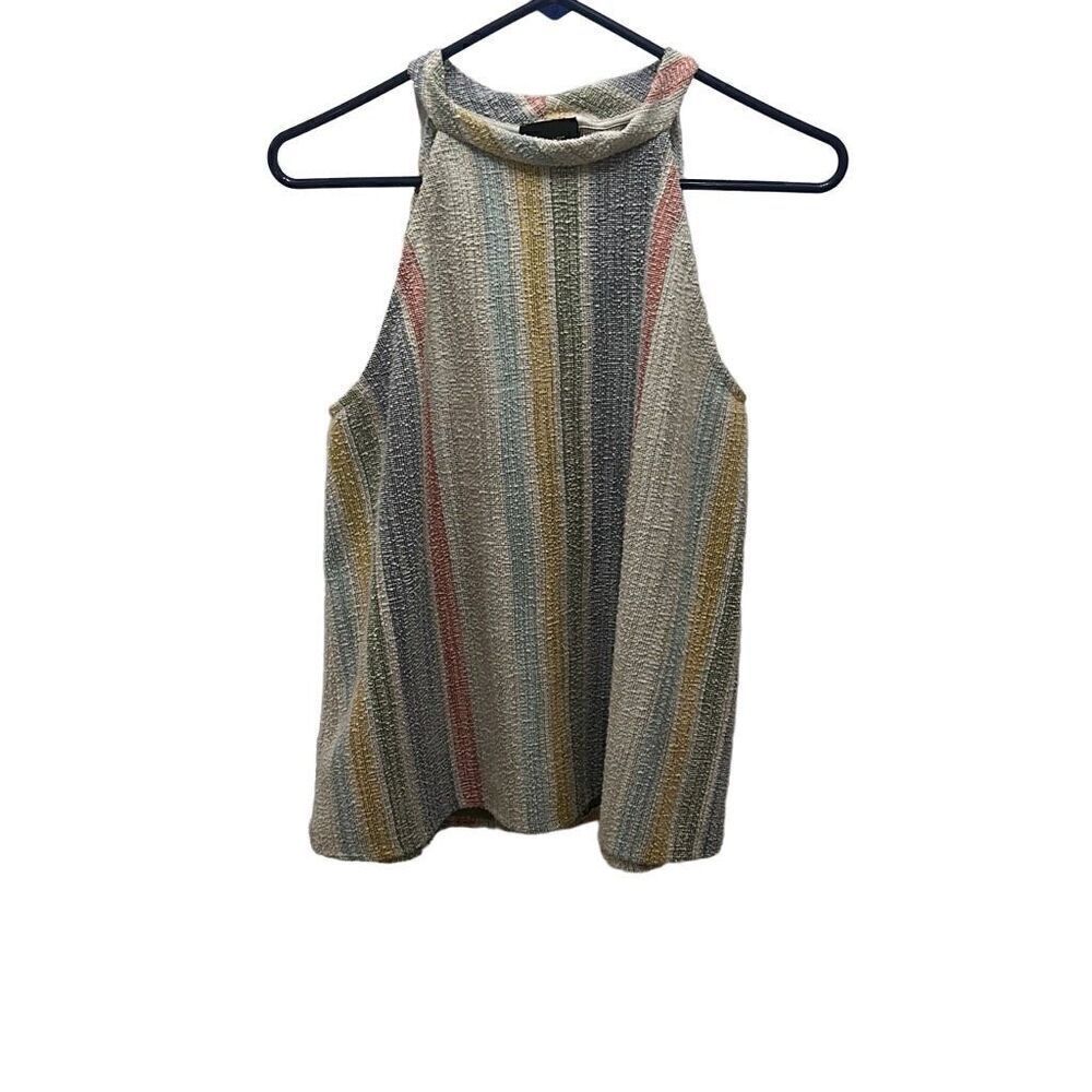 W5 Women's TankTop White Blue Green Yellow Stripe Sleeveless Shirt Blouse Size L